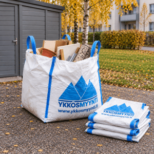 Ykkösmyynnin talkoojätesäkki, jossa on puulevyjä, muoviruukku ja rullattu matto. Vieressä pino tyhjiä suursäkkejä syksyisellä taloyhtiön pihalla.